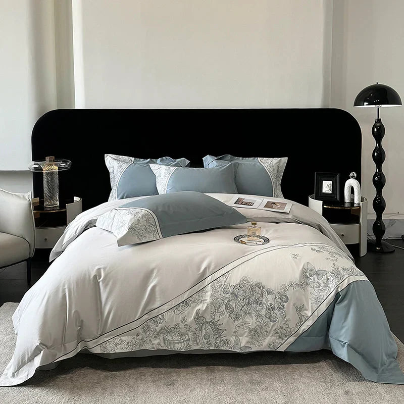 Decorbites™ Luxus-Schmetterlingsblumen-Stickerei-Bettwäsche-Set mit Steppdecke Bezug Laken Kissenbezügen 4Stk