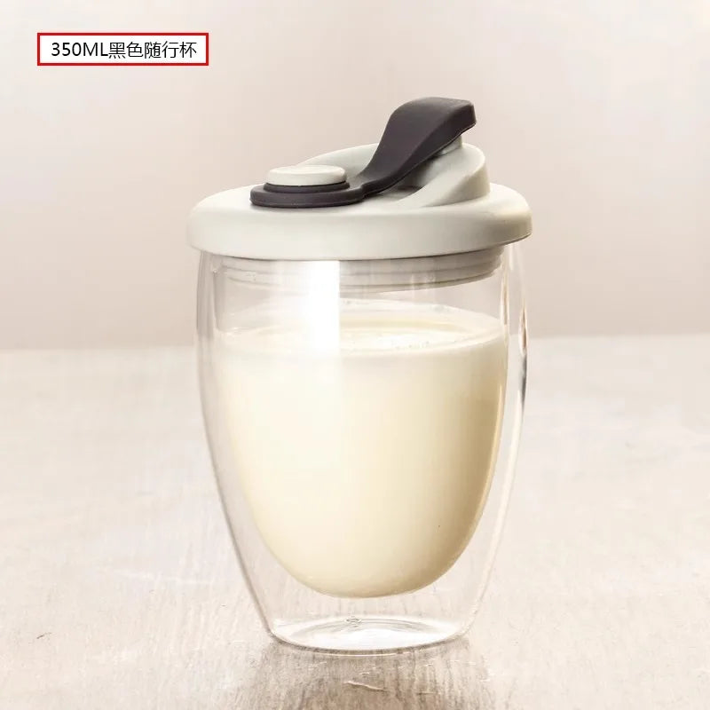 DecorBites™ Double Deck Insulated Glass Coffee Mug With Lid Heat Resistant Water Cup