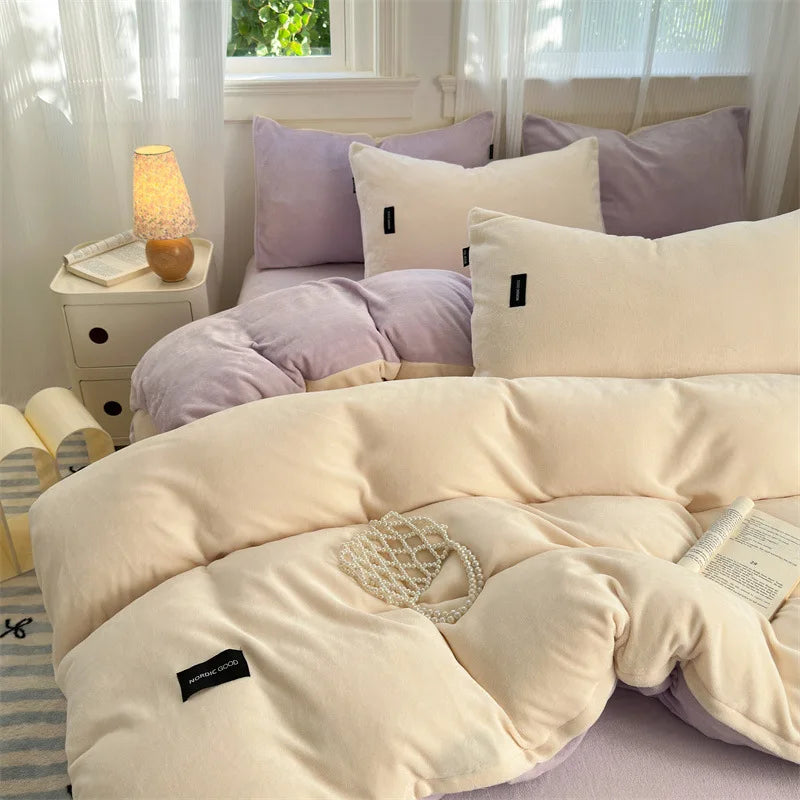 DecorBites™ Coral Color Blocked Velvet Single Duvet Cover for Winter