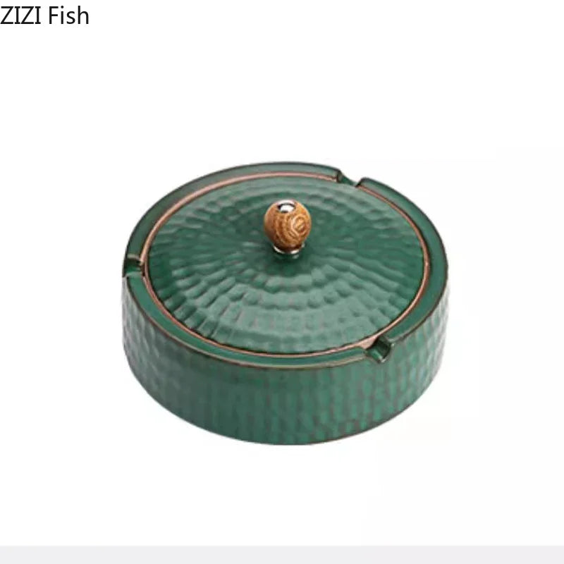 Decorbites™ Grüne Keramik-Aschenbecher mit Deckel - Winddicht mit Hammer-Muster - Raucherzubehör