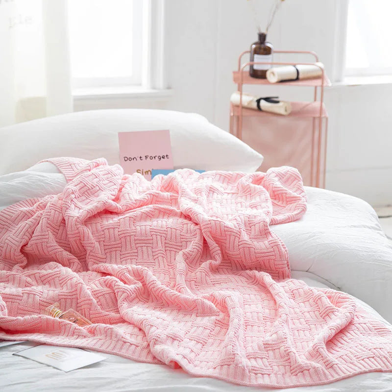 DecorBites™ Cozy Jacquard Blanket: 100% Cotton Solid Color Knitted Shawl for Office or Home