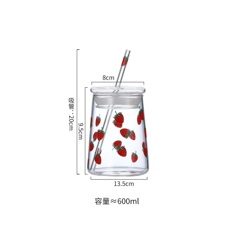 Decorbites™ Glasbecher-Set mit Lippenstrohhalmen für kalte Getränke, handgefertigt, 600 ml Erdbeergeschmack