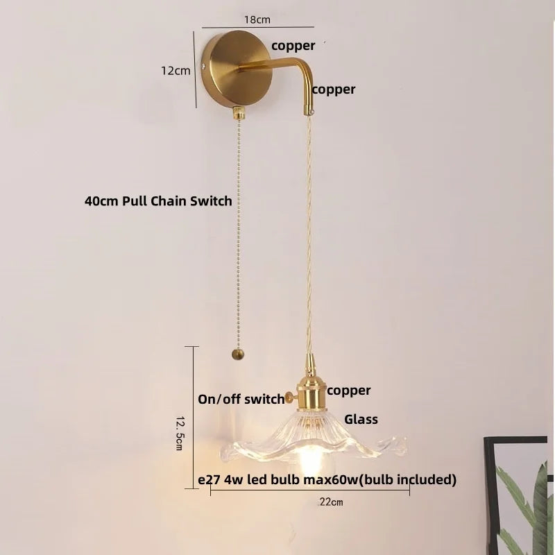DecorBites™ Glass Copper LED Wall Sconce | Pull Chain Switch | Adjustable Bathroom Light