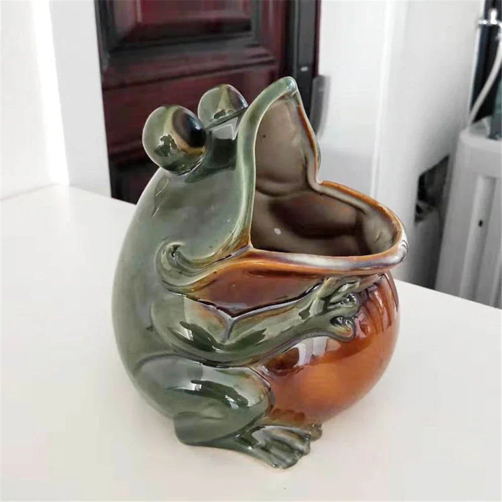 Decorbites™ Frosch-Skulptur-Aufbewahrungsbox: Silbergrünes Schreibtisch-Dekorationsstück & Heimdekoration