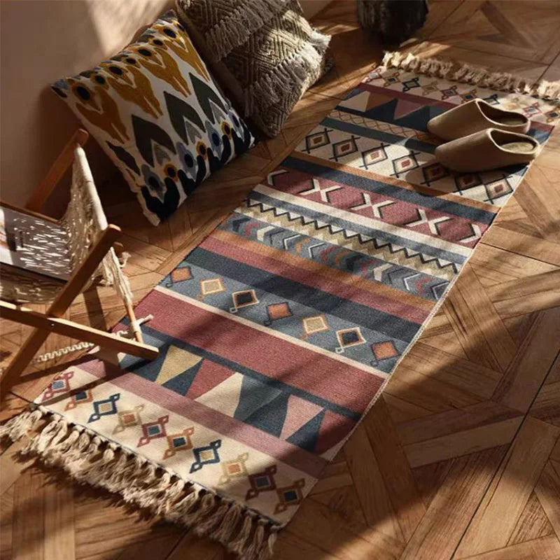 Decorbites™ Leinen-Karo-Baumwollgewebe-Teppich - Boho-Stil-Läufer für Wohnzimmer, Schlafzimmer und Heimdekoration