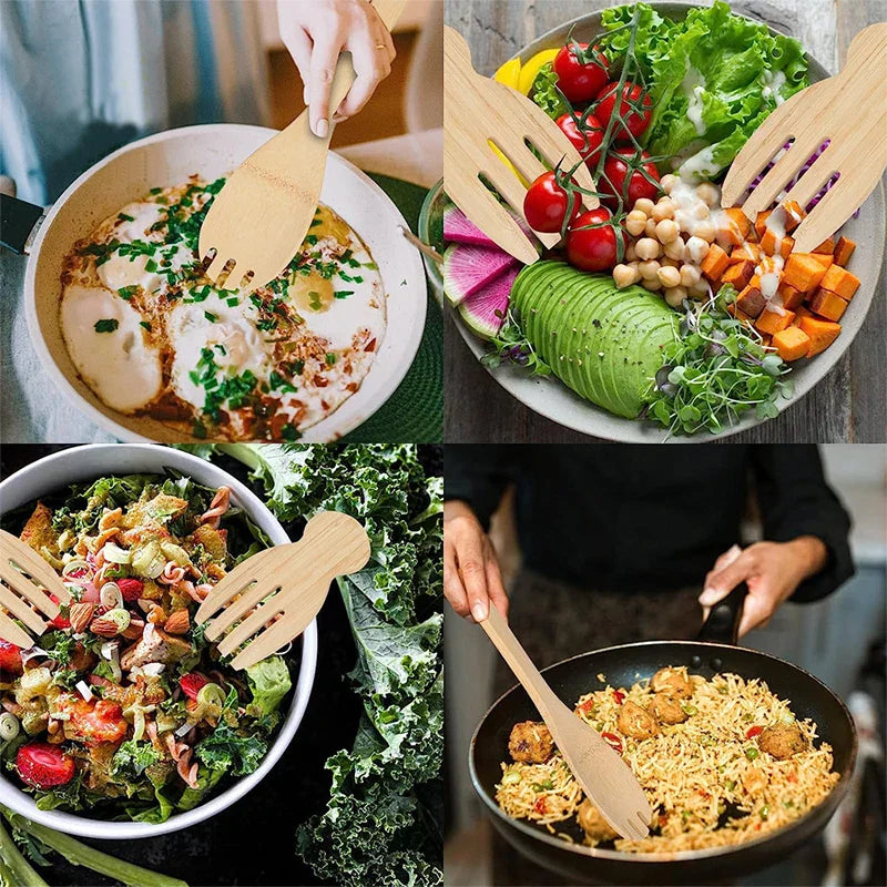 Decorbites™ Bambus-Salatbesteck-Set mit Händen und Löffel für Küchengeräte