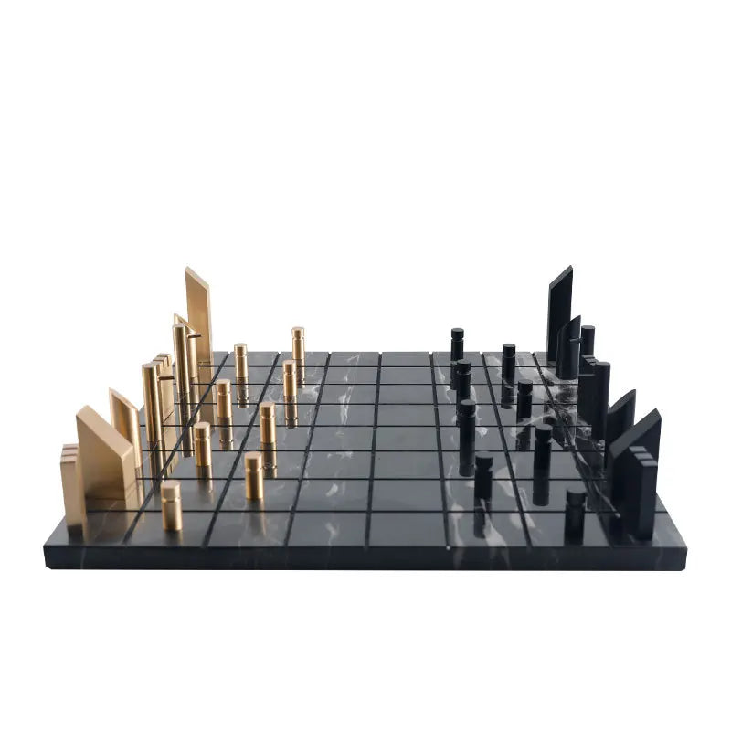 Decorbites™ Golden Metal Marmor-Schachbrett: Geometrisches Quadratisches Schachkönig-Spiel-Dekor-Figuren
