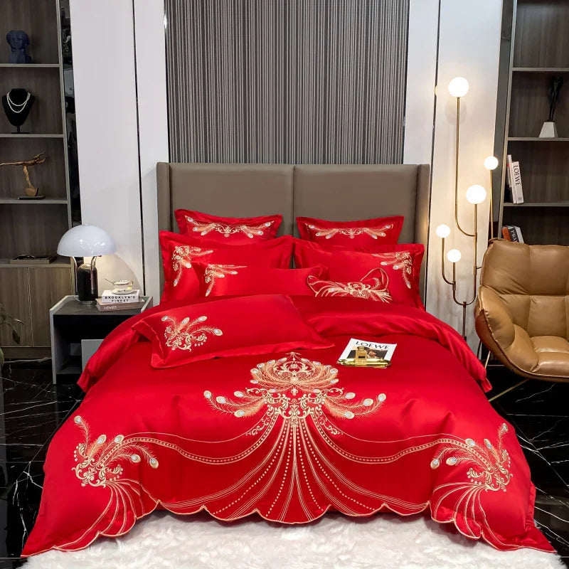 DecorBites™ Gold Feather Embroidery Egyptian Cotton Patchwork Bedding Set