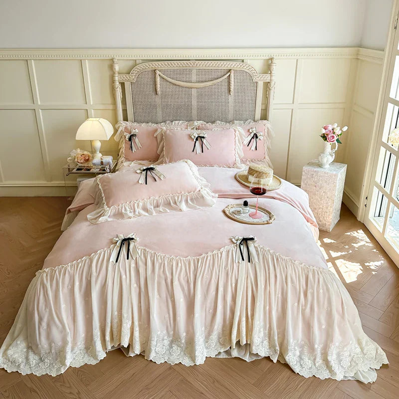 Decorbites™ Spitzen-Volants-Prinzessinnen-Bettwäsche-Set, Samt-Duvet-Cover, Plüsch-Bettlaken, Kissenbezüge