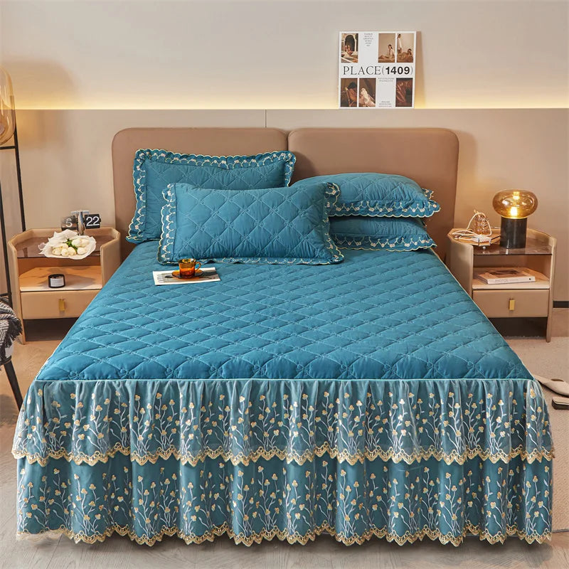 DecorBites™ Cotton Lace Ruffles Quilted Bed Skirt Set with Pillowcases