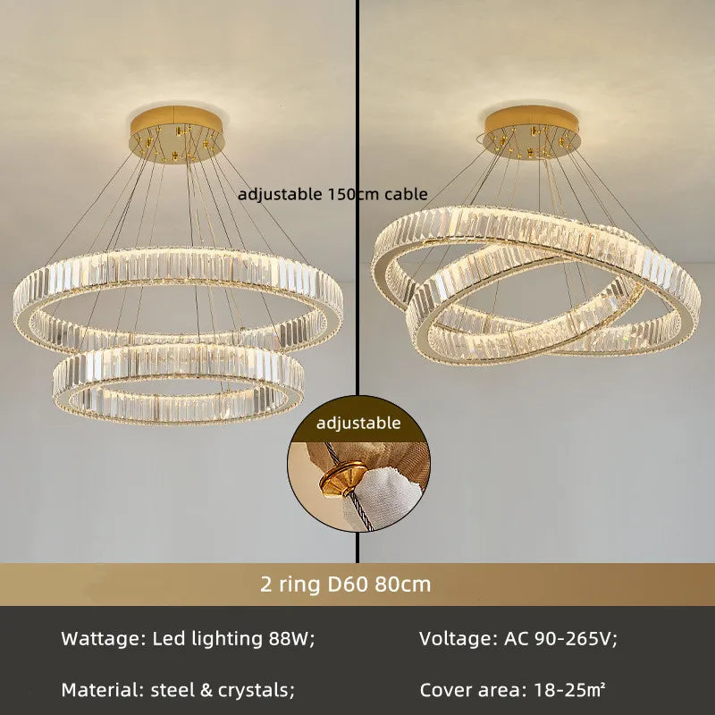 Decorbites™ Kristallkreis LED-Kronleuchter: Nordisch moderner Treppen-Hängeleuchter mit dimmbarem LED für das Wohnzimmer