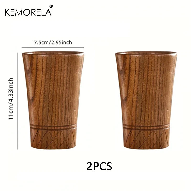 Decorbites™ Handgefertigte natürliche Holzteetassen - Set aus 2 | Japanische Stil-Tassen für Tee, Kaffee, Bier, Milch, Wasser