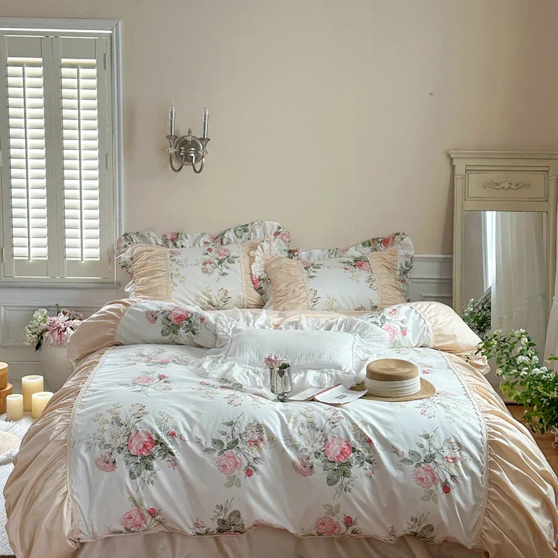 Decorbites™ Koreanische Prinzessin-Stil Blumen-Baumwoll-Bettwäsche-Set mit Rüschen