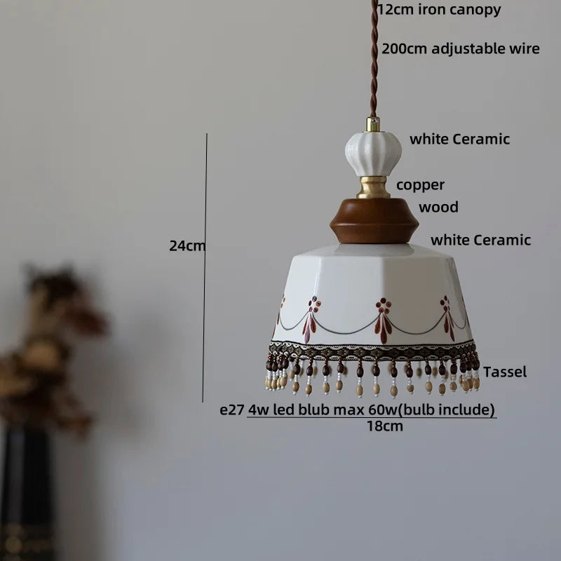 DecorBites™ Copper Wood LED Pendant Light: Ceramic Modern Tassel Hanging Lamp