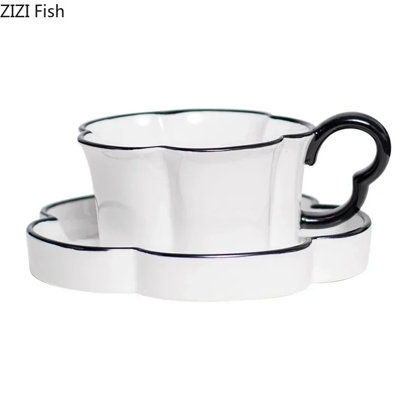 Decorbites™ Black Edged Flower Mug Set - Keramik-Tasse & Untertasse für Tee, Kaffee und Saft