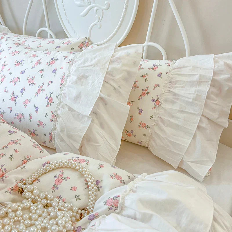 Decorbites™ Baumwoll-Bettwäsche-Set mit Blumenmuster und Falten-Spitzen-Volants, 4-teiliges Ensemble