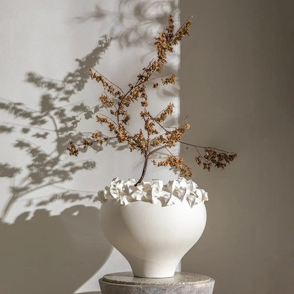 DecorBites™ Embossed Flower Vintage White Porcelain Vase - Home Decor Accent