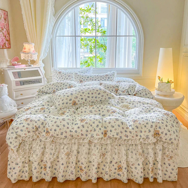Decorbites™ Französische Spitzen-Volants-Seersucker-Bettset: 4-Tlg. Prinzessinnen-Bettwäsche Quiltbezug
