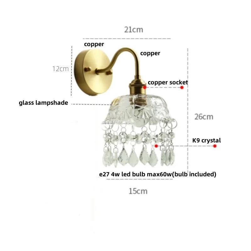 Decorbites™ Kristall Vintage LED Wandlampen mit Zugschalter Luxus Kupfer E14 Treppenlicht