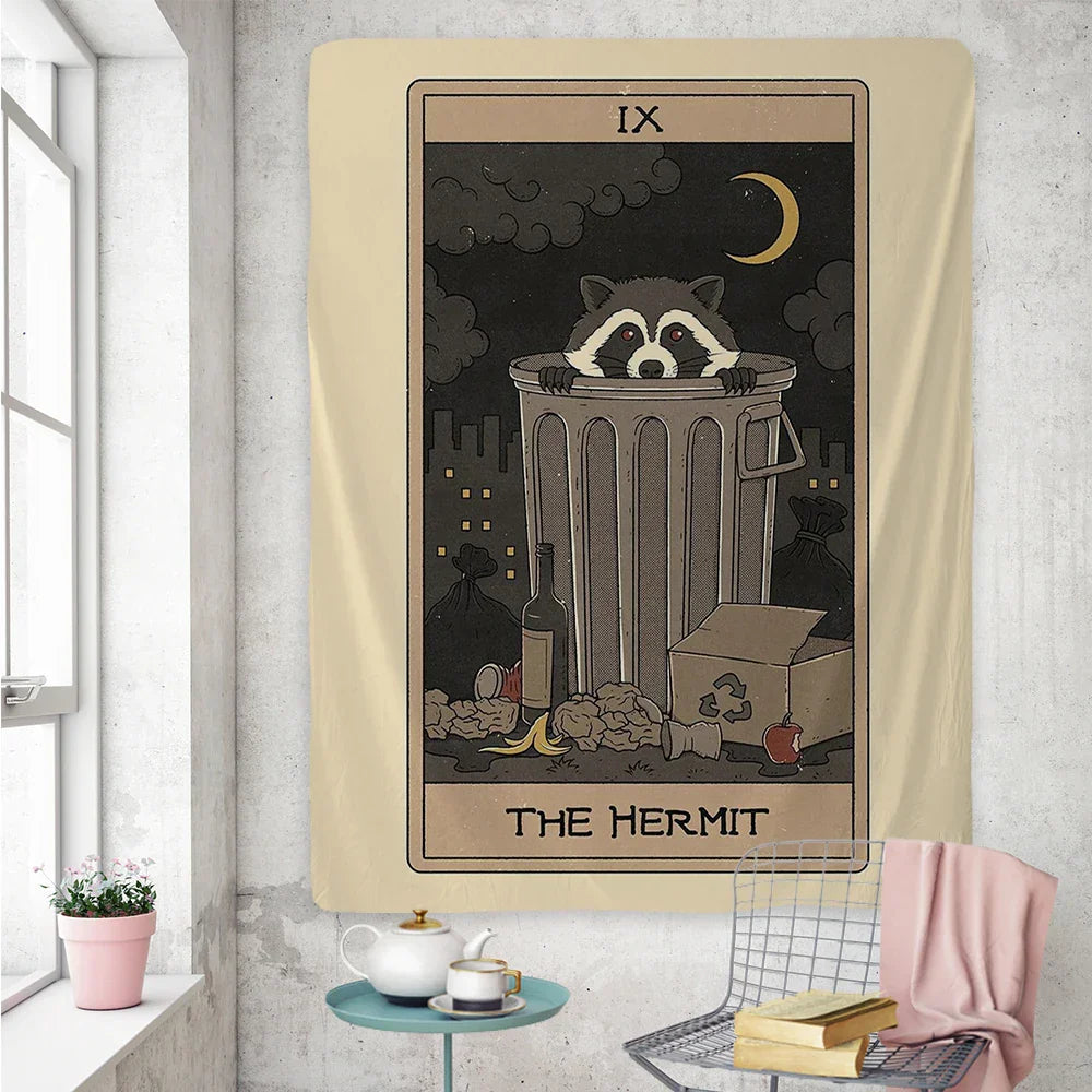 Decorbites™ Süße Waschbär-Tarotkarten-Wandbehänge: Boho-Mysterium-Kunst für Hippie-Heimdekoration