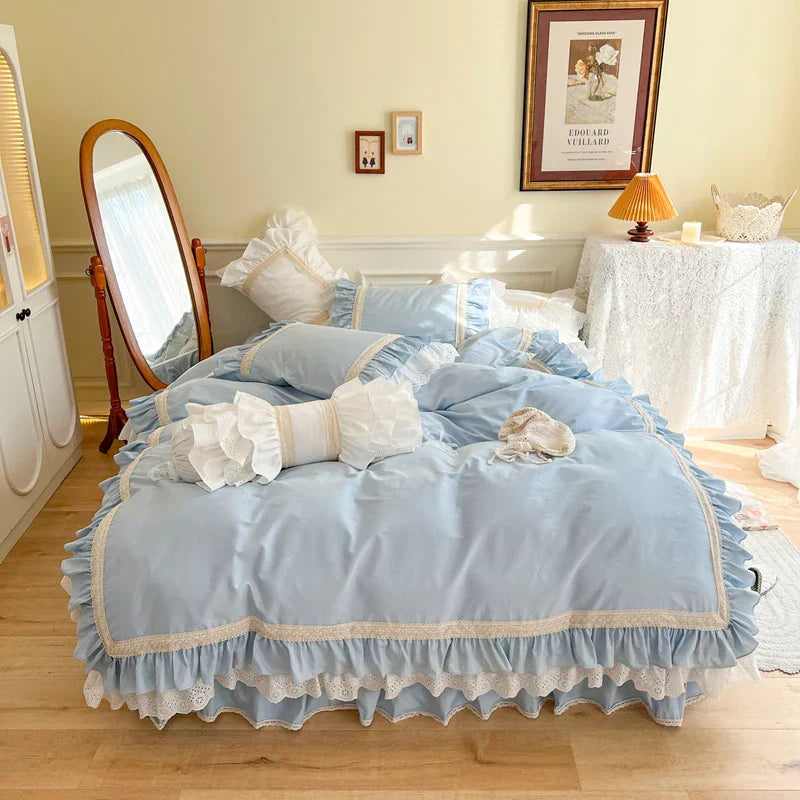 Decorbites™ Französisches Vintage Rüschen-Stickerei Bettwäsche-Set, Cremewhite, 100% Baumwolle, Bettbezug