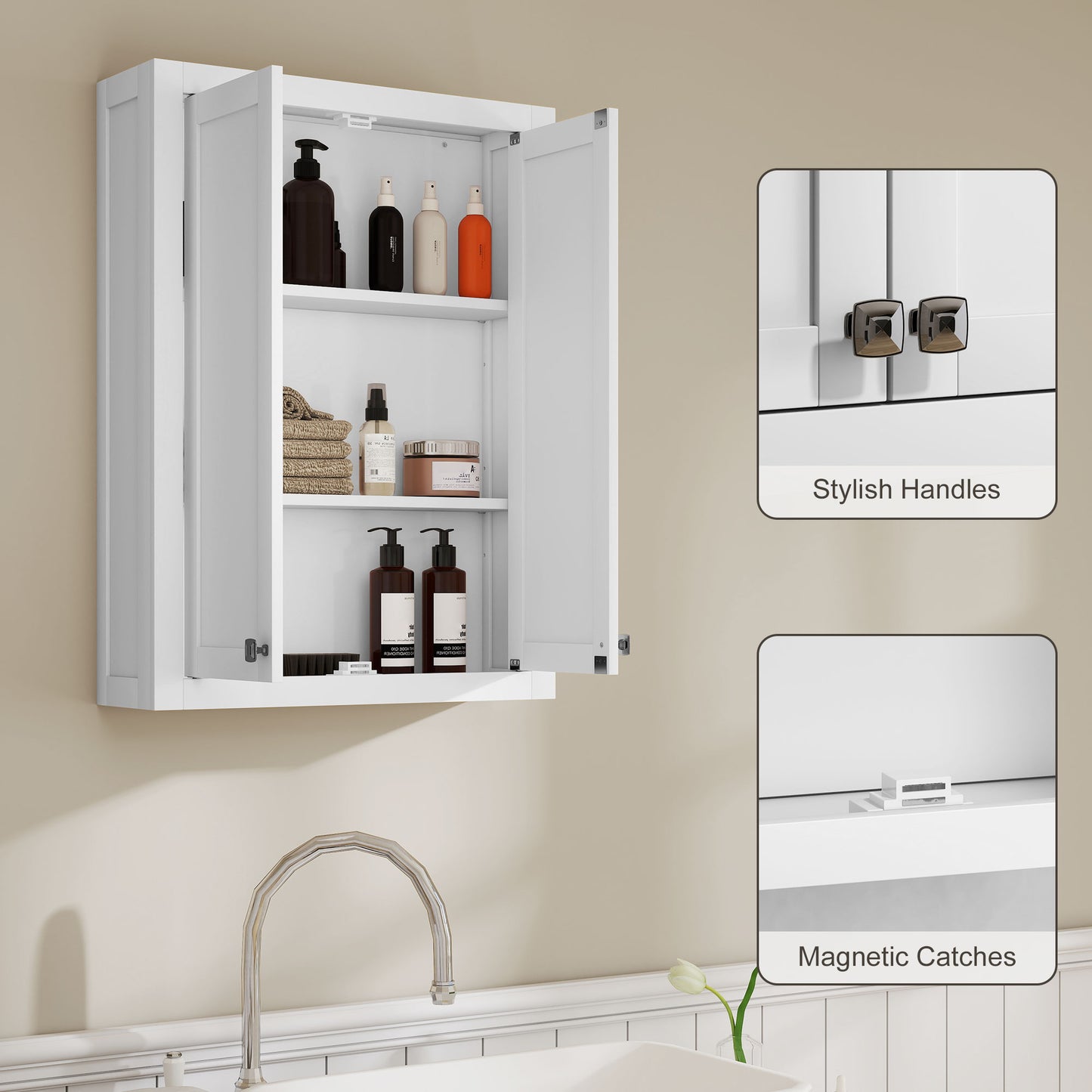 Badezimmerschrank Wandmontiert, Moderner Badezimmerschrank an der Wand mit 2 Türen und 2 einstellbaren Regalen, Weiß