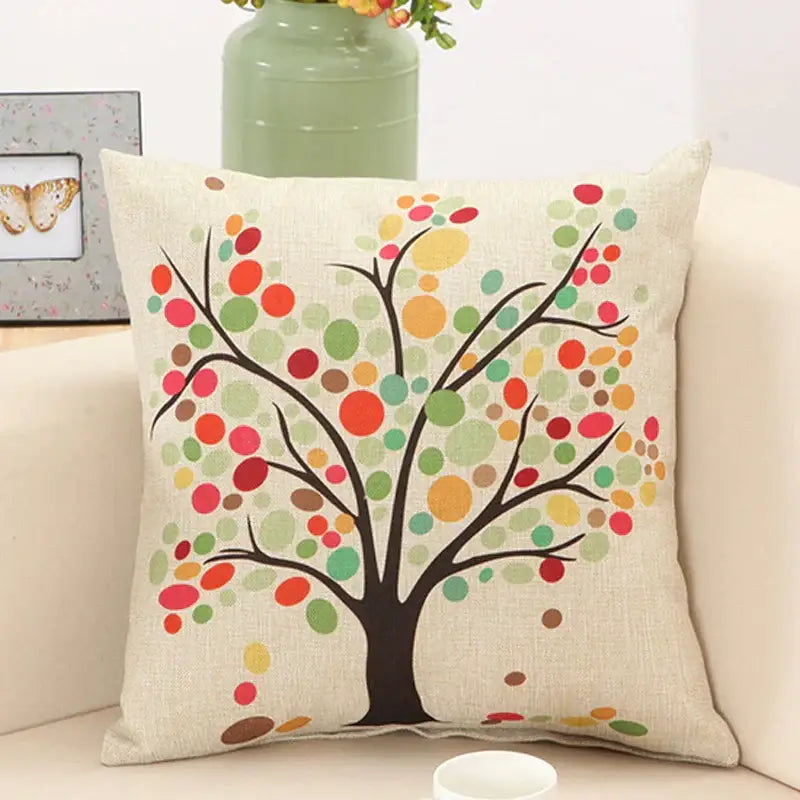 Beige linen pillow cover with decorbites abstract tree flower embroidered in colorful leaves for living room decor