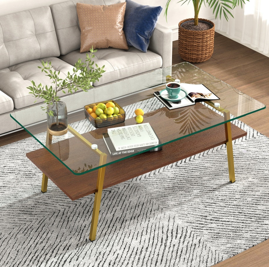Rechteckiger Couchtisch, Tafelplatte aus Sicherheitsglas mit goldenen Metallbeinen, moderner Tisch für das Wohnzimmer,