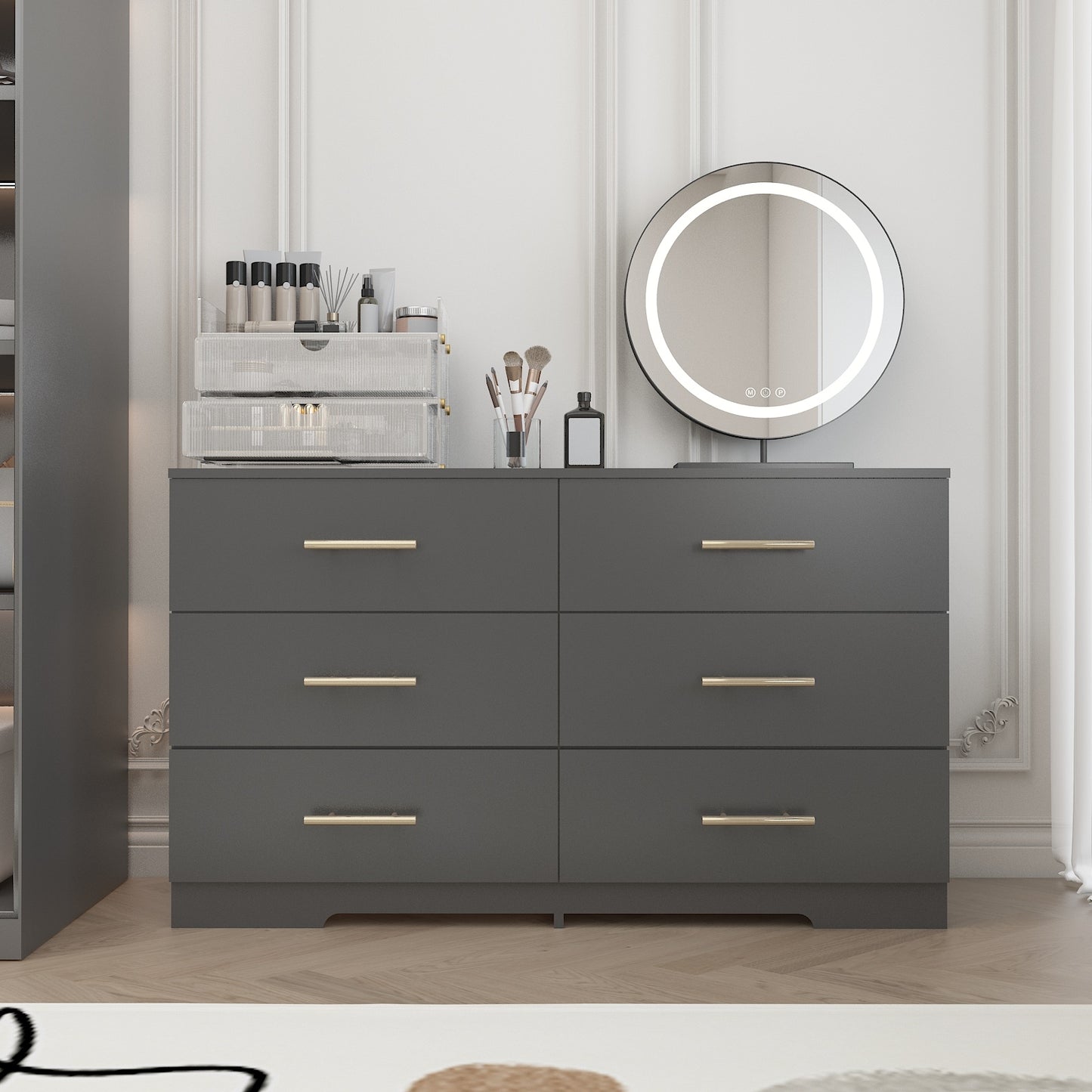 Schwarze große Kommode mit 6 Schubladen und goldenem Griff