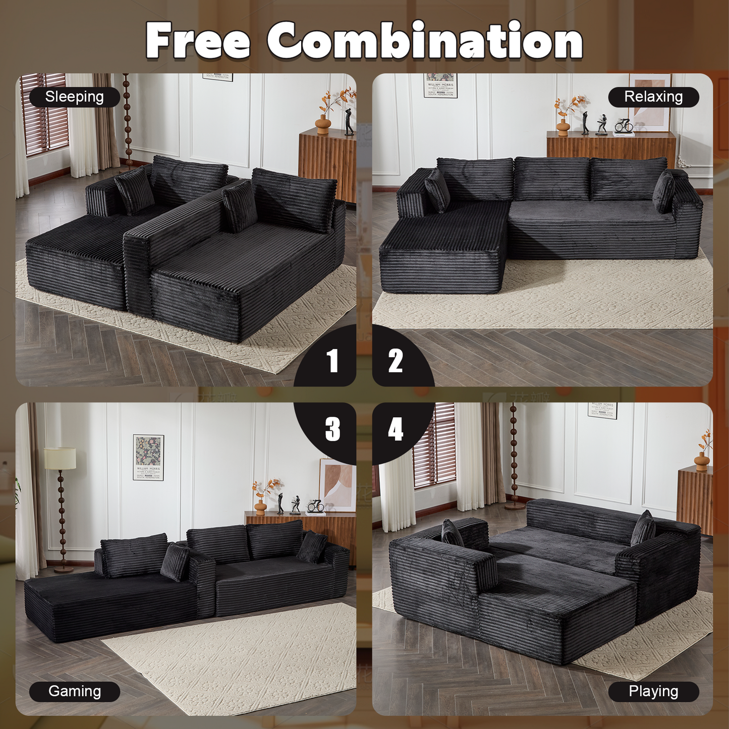 Kompressions-Sektionale Couch mit bequemer Chaise, knochenlose L-förmige Sofa mit tiefer Sitzfläche, minimalistisches modulares Couch-Sofabett für Wohnzimmer, Schlafzimmer, Apartment und Lounge, Corduroy, Schwarz
