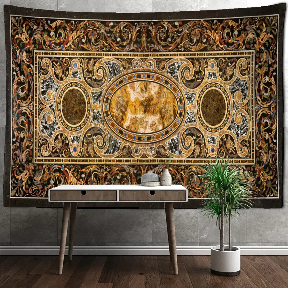 An ornate rectangular baroque black and gold style astrology tapestry wall hanging with marble-like oval designs for bedroom decor