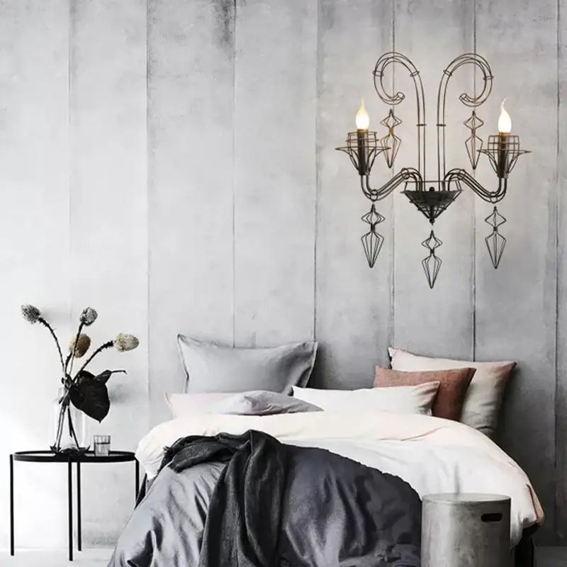 Black wrought iron decorbites baroque designer led chandelier with three candle bulbs and geometric crystal pendants