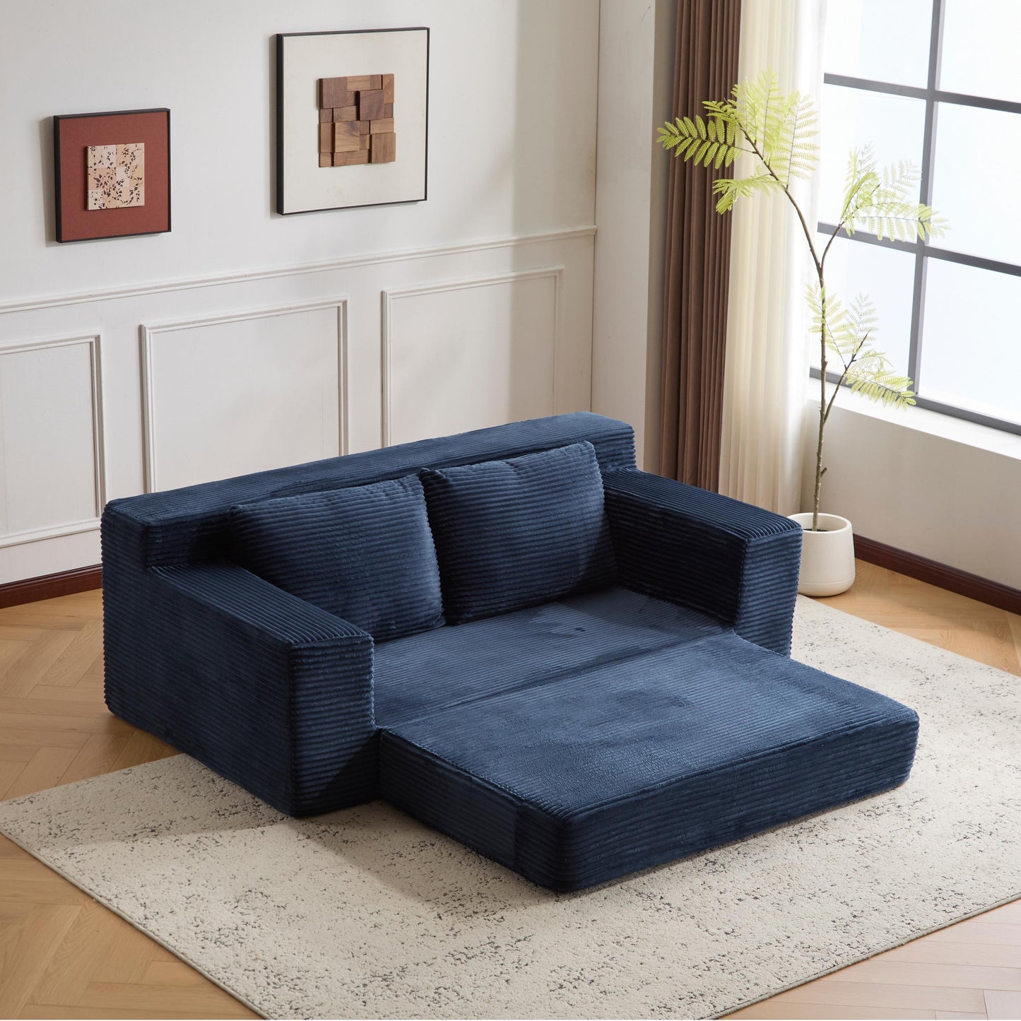 Zweisitzer-Sofa, Bequemes Sofa-Bett mit tiefer Sitzfläche, Modernes kleines Cord-Sofa für Wohnzimmer und Schlafzimmer, Umkehrbares Kissen mit Kissen, Keine Montage erforderlich, Dunkelblau