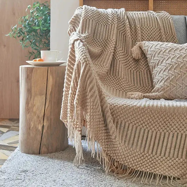 Beige decorbites 3d knitted tassel blanket with textured geometric knit patterns for bedroom throw decor