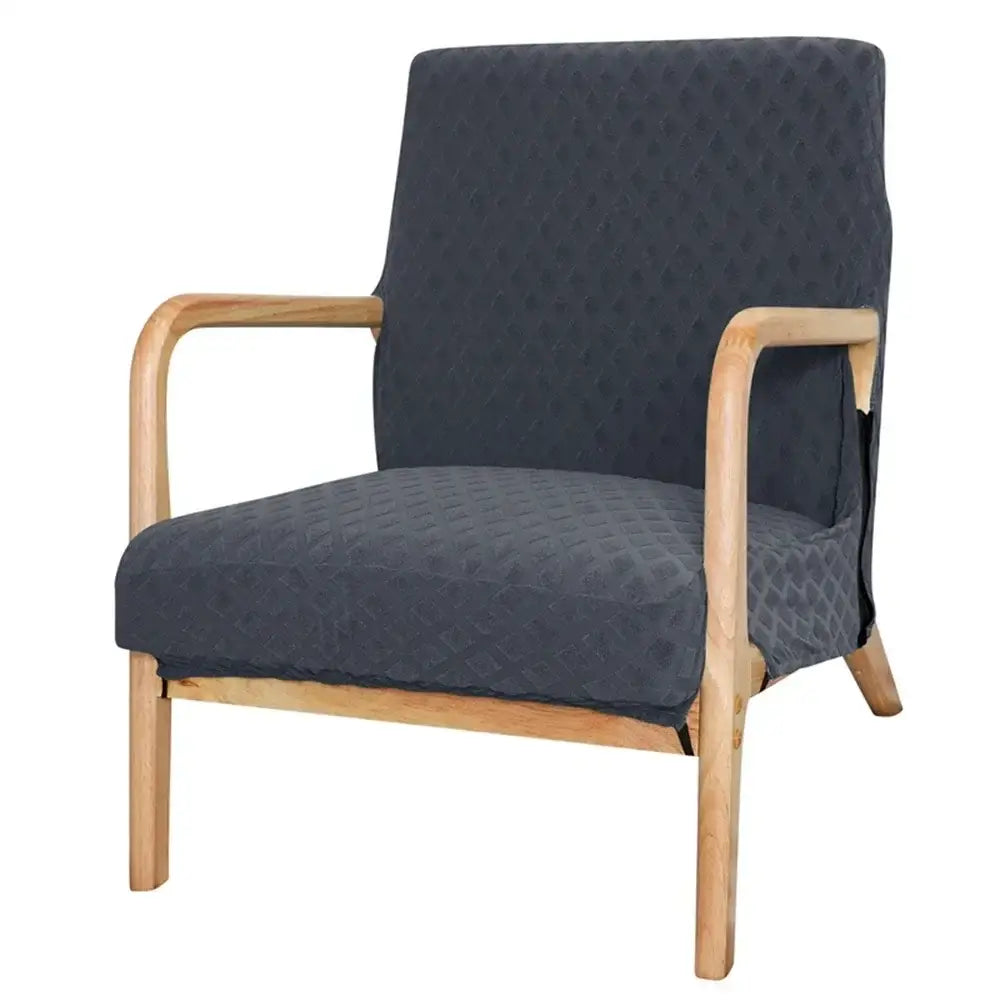 Dark gray upholstered armchair with light wood frame and curved arms featuring beige decorbites jacquard elastic seat cover