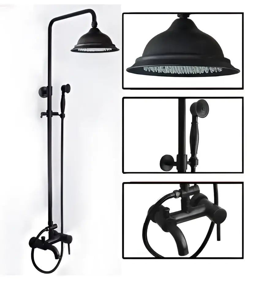 Black bronze farmhouse-style shower faucet set with black matte finish, large rainhead, and handheld sprayer for bathroom