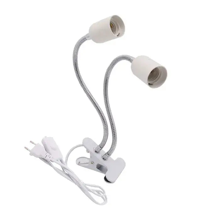 White dual-armed desk light with flexible metallic gooseneck arms and decorbites clip base type ensures secure attachment