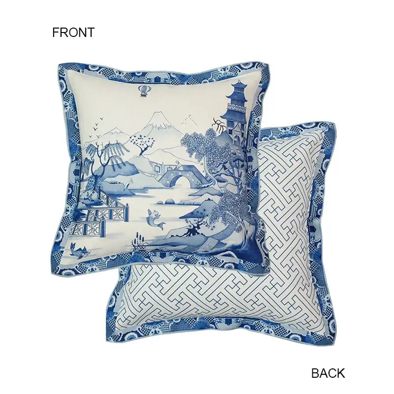 Square cushion with blue chinoiserie home pagoda design featuring traditional landscape elements for decorbites blue chinoiserie decor