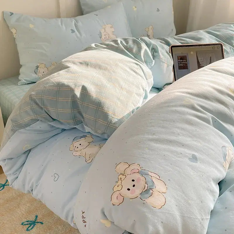 Light blue quilted cotton cartoon printed bedding set with cute poodles and subtle heart patterns for bedroom decor