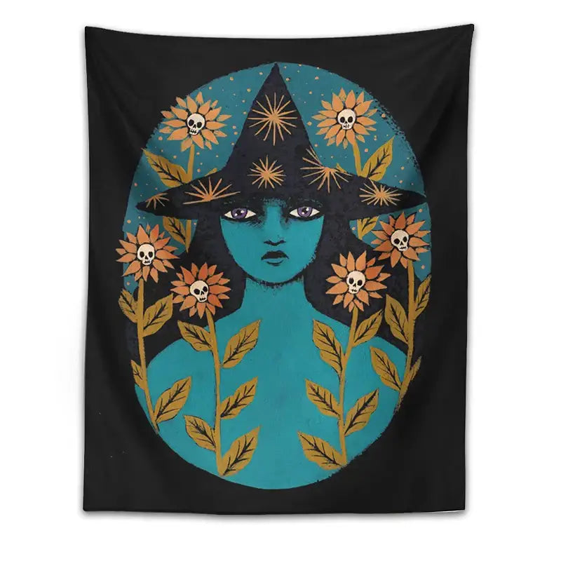 Black wall tapestry featuring a stylized witch with purple eyes surrounded by orange sunflower skulls for decorbites blue witches decor