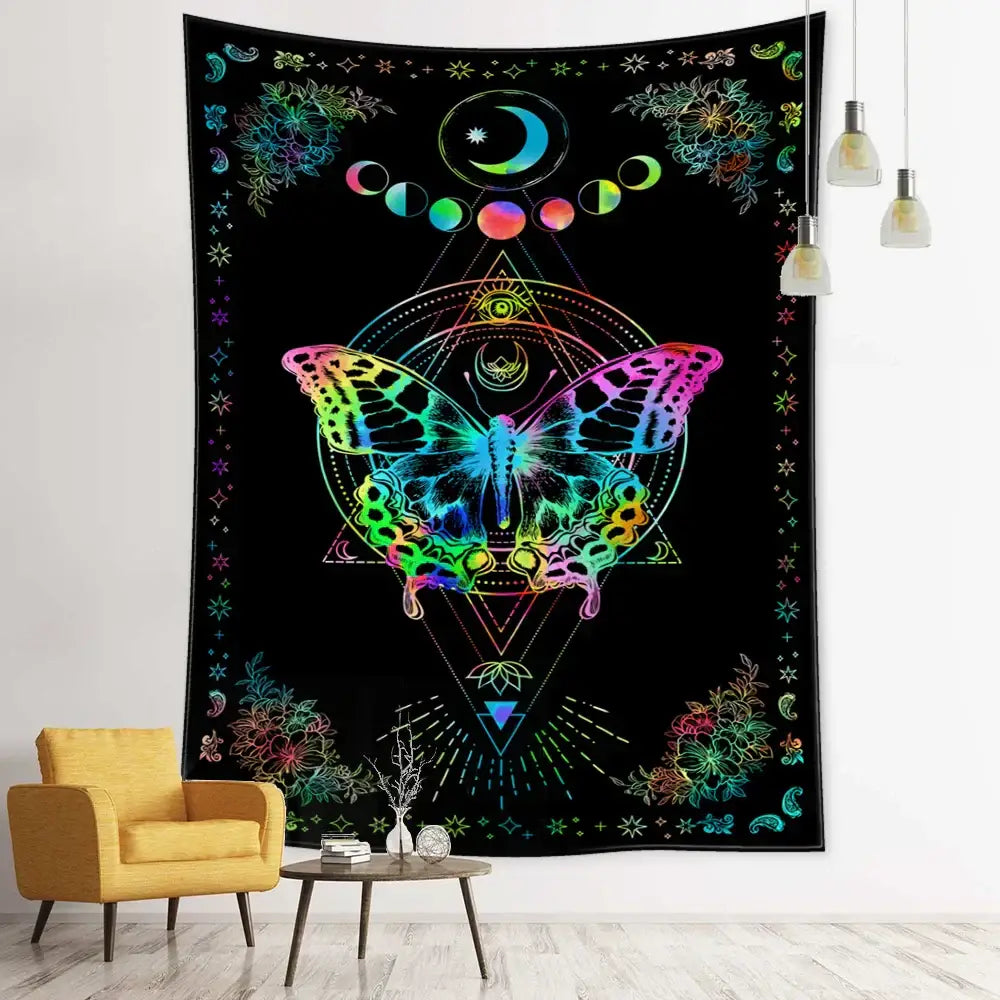Boho black and white geometric butterfly tapestry with vibrant rainbow hues and mystical symbols for bedroom wall decorbites geometric butterfly