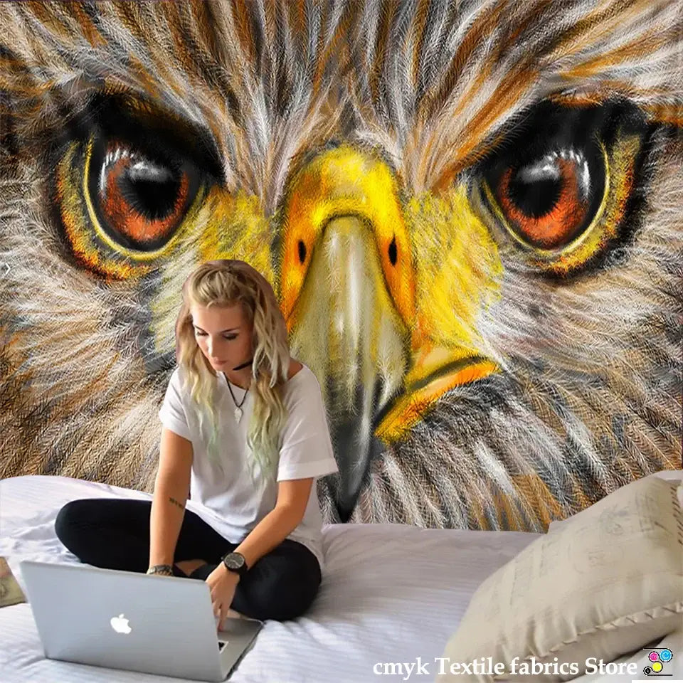 Boho colorful owl tapestry wall hanging featuring a detailed hawk face with intense orange eyes for bedroom decorbites colorful owl decor