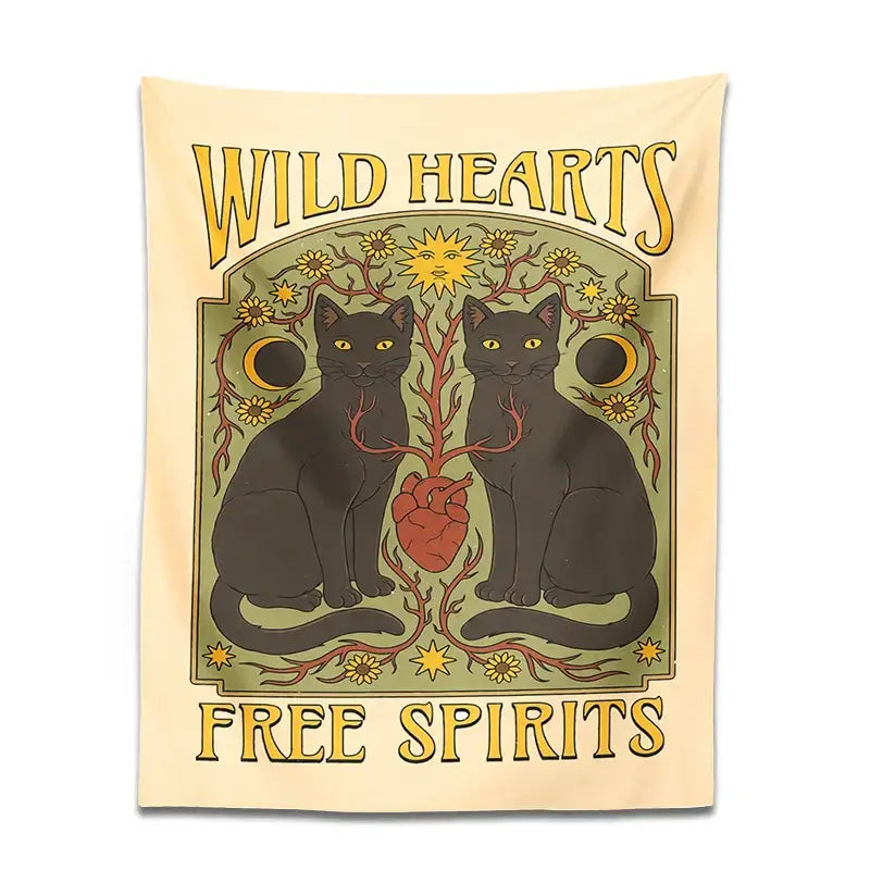 Cream-colored boho cat hearts tapestry wall hanging with black cats yellow eyes red heart and floral decorbites cat hearts decor