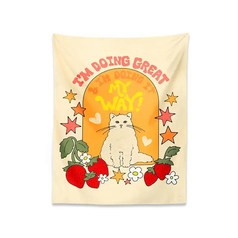 Boho cream cat star strawberry tapestry featuring a cute cat star beneath an orange arch with red strawberries and stars