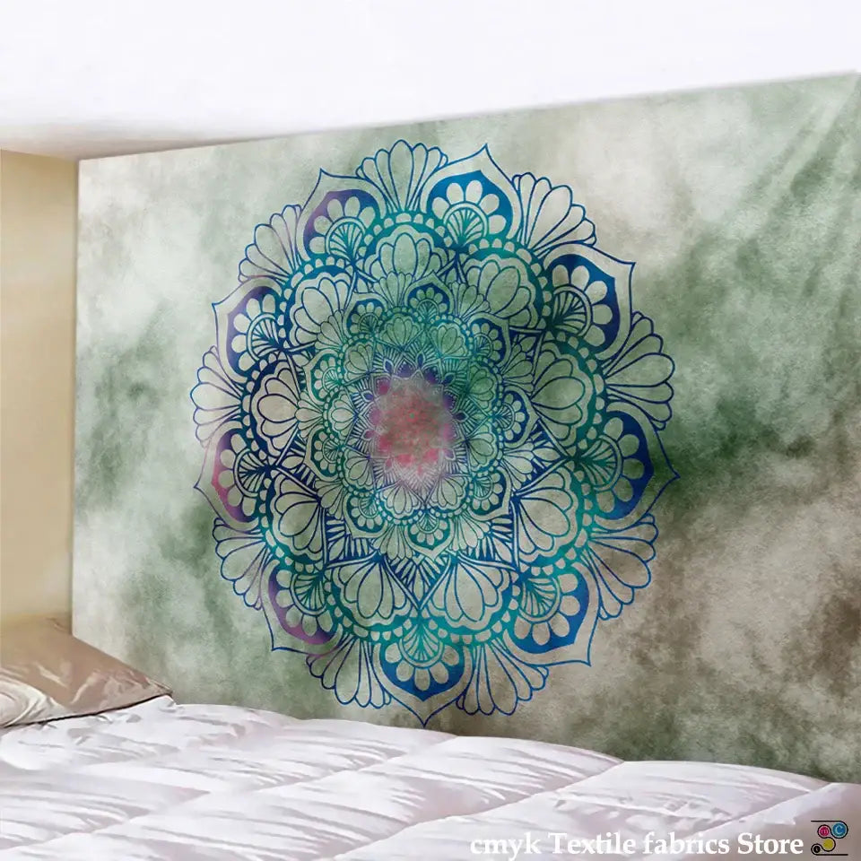 Bohobite sun moon mandala tapestry in teal and blue with floral patterns for galaxy bedroom decor