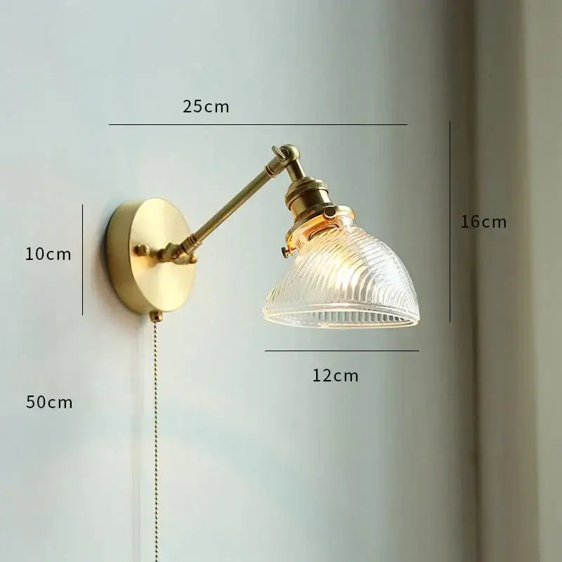 Vintage-style brass glass copper led wall sconce with ribbed translucent shade and pull chain for bedroom mirror