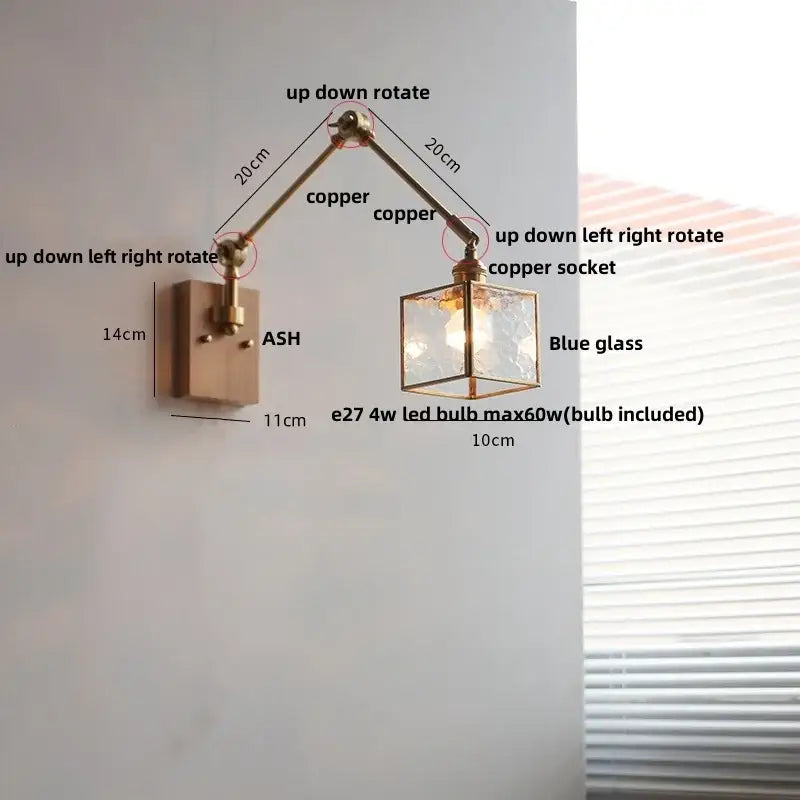Adjustable copper led wall lamp rotatable with blue glass cube shade for hallway lighting