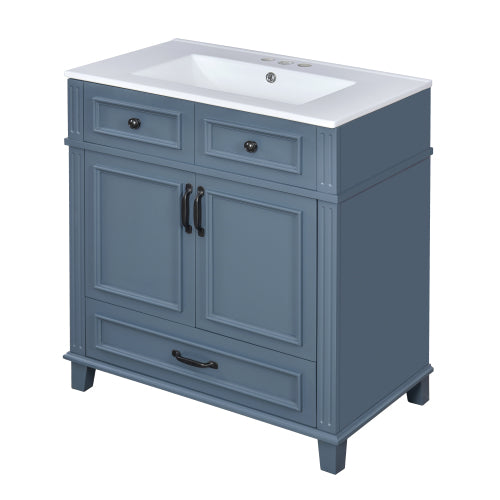 30'' Badezimmer-Waschständer mit Keramikwaschbecken, Badezimmer-Aufbewahrungsschrank mit Massivholzrahmen und weich schließenden Türen, Retro-Stil, Blau