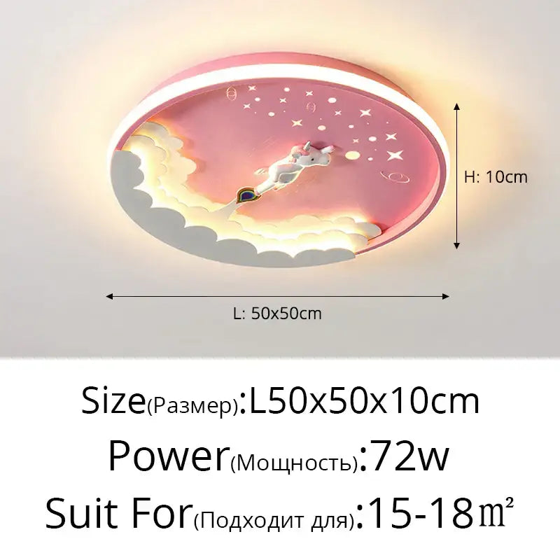 Pink oval led ceiling light with whimsical unicorn flying through clouds and stars featuring illuminated white border