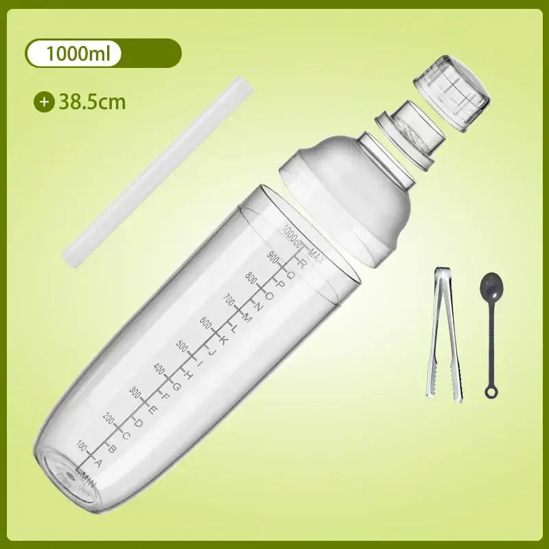 Clear plastic cocktail shaker 1000ml with graduated markings silver lid and accessories for kitchen and barware decorbites cocktail shaker